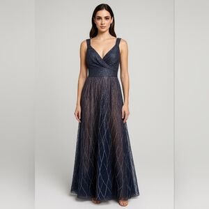 Rene Ruiz Collection Slate Blue Glitter‎ Mesh Gown L1882 Size 14